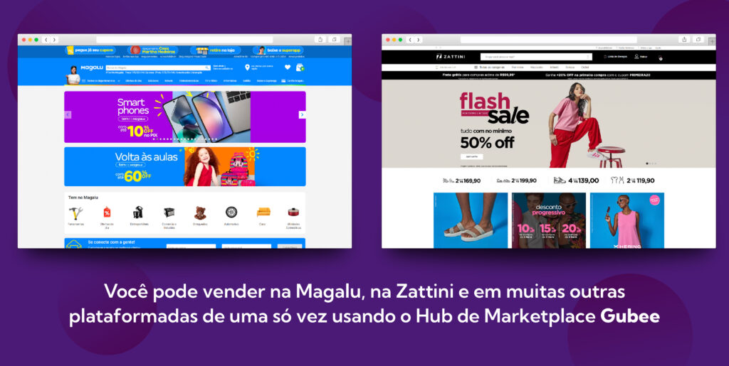 Você pode vender na Magalu, na Zattini e em muitas outras plataformadas de uma só vez usando o Hub de Marketplace Gubee.